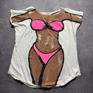 Vintage Bikini Body Graphic T-Shirt Pink Swimsuit Cover Up White Tee Large